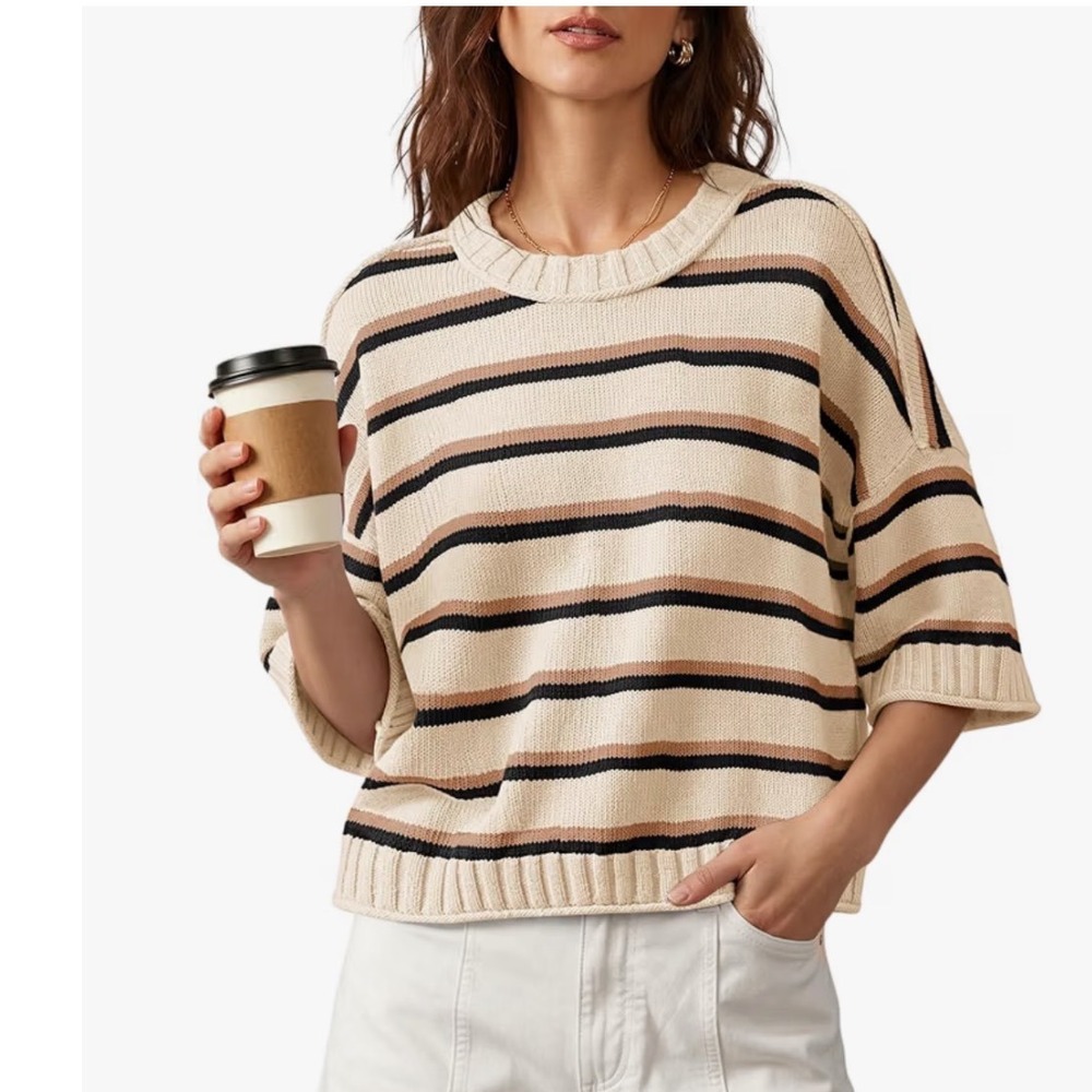 Nirovien Women's Beige & Black Striped Knit Sweater Short Sleeve – Large – NWT